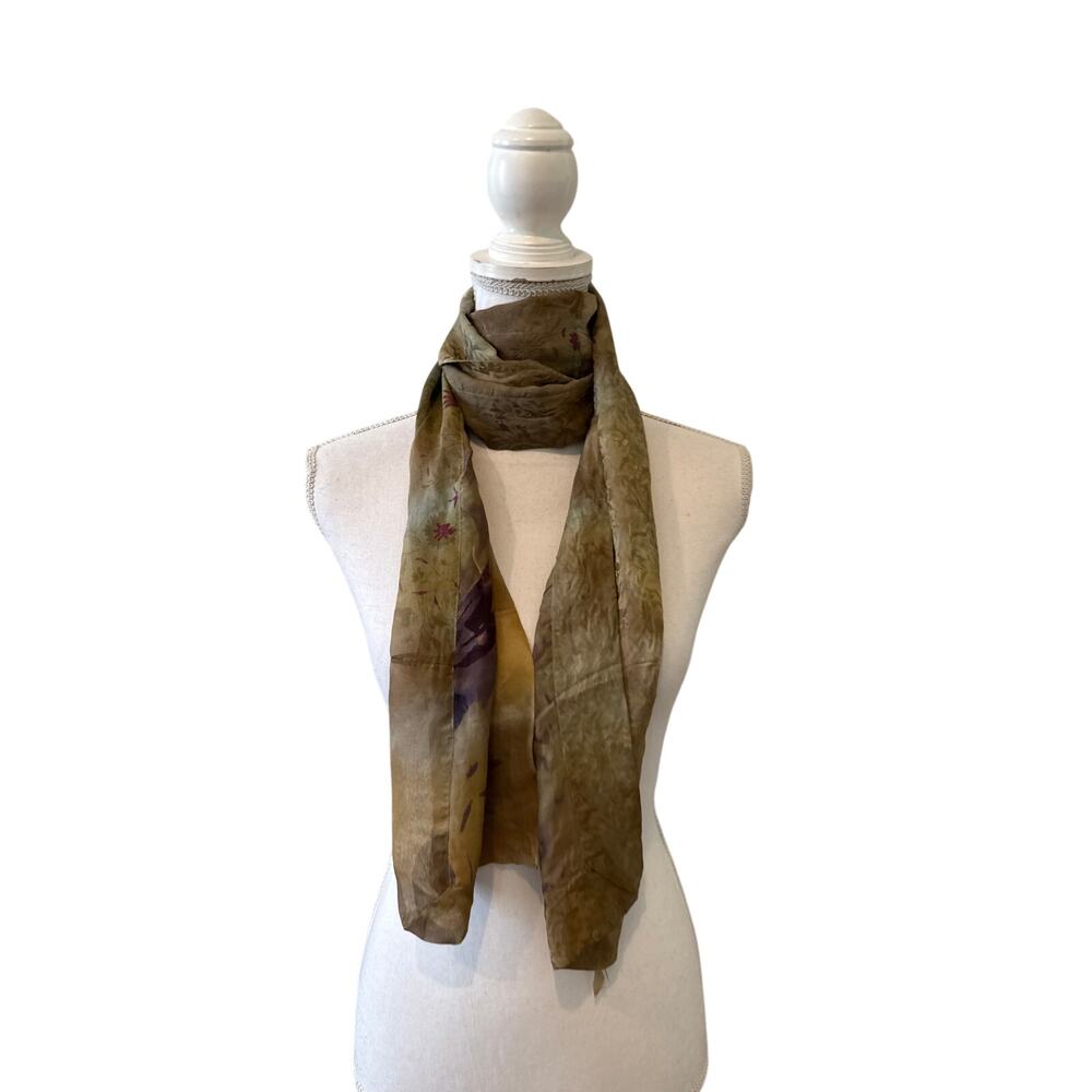 Artsy Silk Rectangular Patchwork Scarf Muted Olive Green Print - Picture 5 of 5